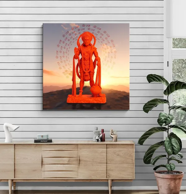Vibrant_Hanuman_Idol_with_Chant_of_'Jai_Shri_Ram'_at_Sunset_-_Canvas_Painting_|_Spiritual_Art,_Hindu_God_Decor,_Hanuman_Devotion_Wall_Art(FLP24X240258)