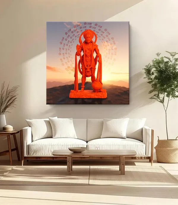 Vibrant_Hanuman_Idol_with_Chant_of_'Jai_Shri_Ram'_at_Sunset_-_Canvas_Painting_|_Spiritual_Art,_Hindu_God_Decor,_Hanuman_Devotion_Wall_Art(FLP24X240258)