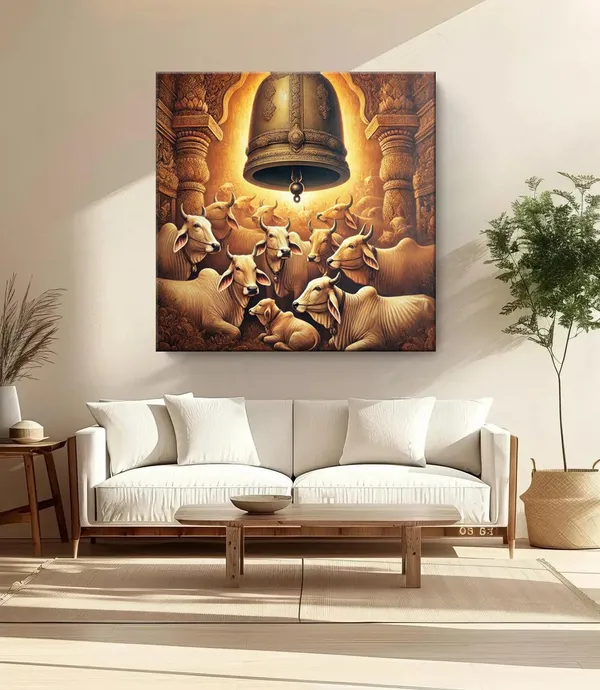 Cows_Resting_Underneath_a_Large_Temple_Bell_-_Canvas_Painting_|_Sacred_Animal_Art,_Indian_Cultural_Painting,_Hindu_Symbolism_Decor(FLP36X360248)