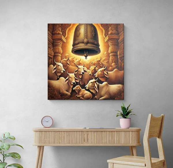 Cows_Resting_Underneath_a_Large_Temple_Bell_-_Canvas_Painting_|_Sacred_Animal_Art,_Indian_Cultural_Painting,_Hindu_Symbolism_Decor(FLP36X360248)