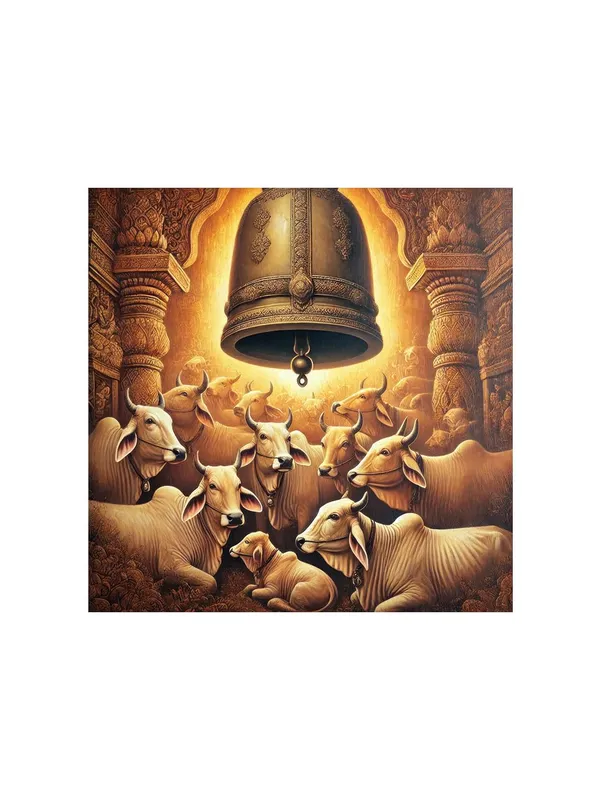 Cows_Resting_Underneath_a_Large_Temple_Bell_-_Canvas_Painting_|_Sacred_Animal_Art,_Indian_Cultural_Painting,_Hindu_Symbolism_Decor(FLP36X360248)