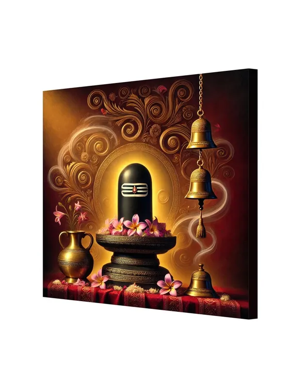 Shivlinga_Puja_Canvas_Painting_Art:_Sacred_Hindu_Ritual_Artwork_with_Flowers_and_Bells_for_Spiritual_Home_and_Temple_Décor(FLP36X360281)
