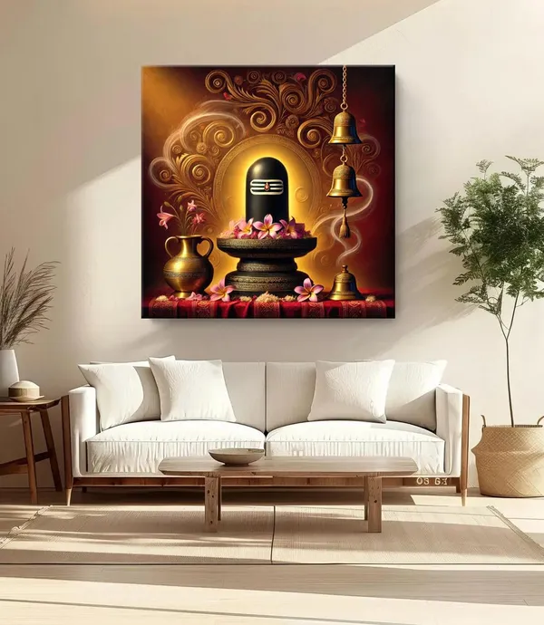 Shivlinga_Puja_Canvas_Painting_Art:_Sacred_Hindu_Ritual_Artwork_with_Flowers_and_Bells_for_Spiritual_Home_and_Temple_Décor(FLP36X360281)