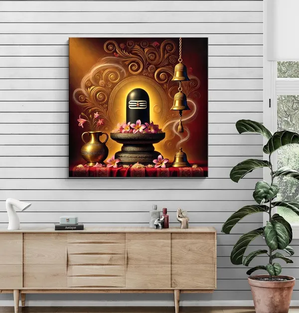 Shivlinga_Puja_Canvas_Painting_Art:_Sacred_Hindu_Ritual_Artwork_with_Flowers_and_Bells_for_Spiritual_Home_and_Temple_Décor(FLP36X360281)