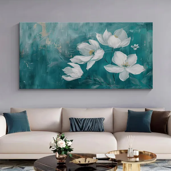 White_Florals_Canvas_Painting_-_Teal_and_White_Art_Print_-_Elegant_Wall_Decor_24x48_Inches_Framed_Art_(FLP24480730)