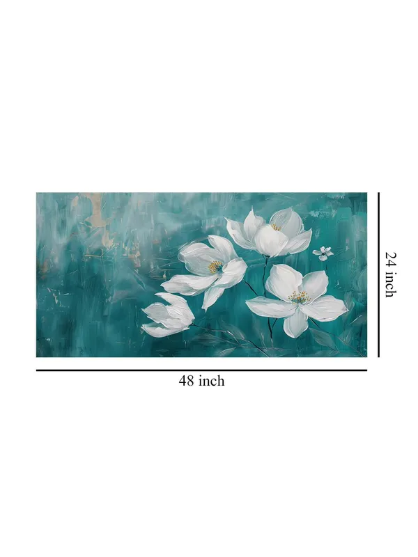 White_Florals_Canvas_Painting_-_Teal_and_White_Art_Print_-_Elegant_Wall_Decor_24x48_Inches_Framed_Art_(FLP24480730)