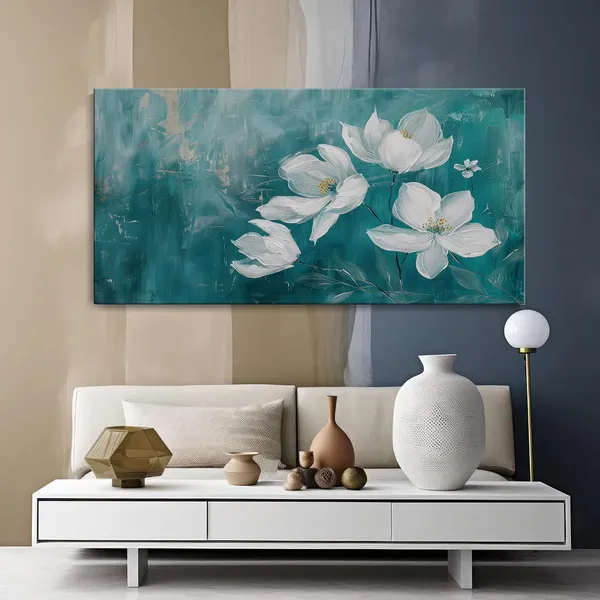 White_Florals_Canvas_Painting_-_Teal_and_White_Art_Print_-_Elegant_Wall_Decor_24x48_Inches_Framed_Art_(FLP24480730)