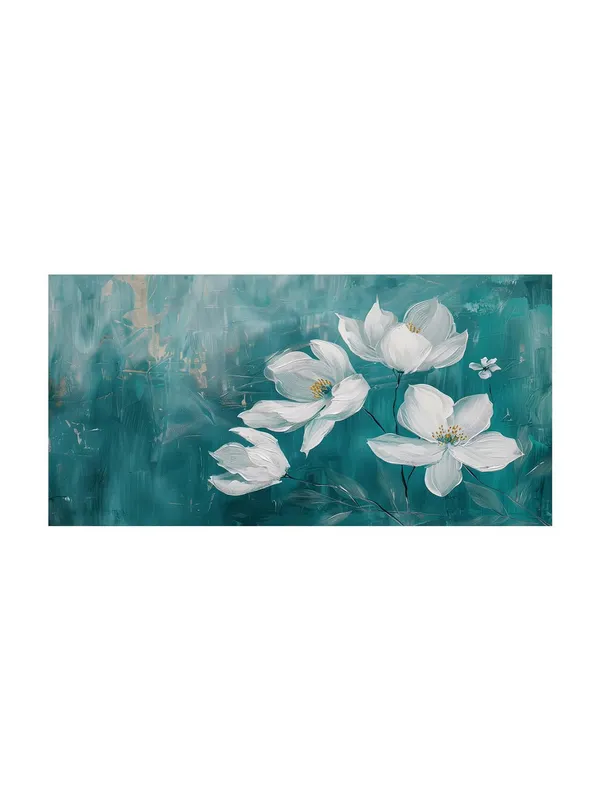 White_Florals_Canvas_Painting_-_Teal_and_White_Art_Print_-_Elegant_Wall_Decor_24x48_Inches_Framed_Art_(FLP24480730)