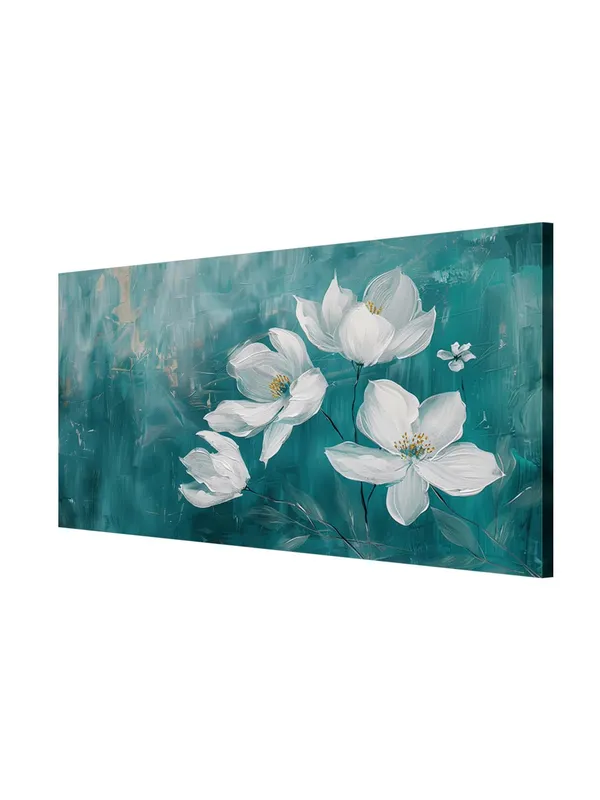 White_Florals_Canvas_Painting_-_Teal_and_White_Art_Print_-_Elegant_Wall_Decor_24x48_Inches_Framed_Art_(FLP24480730)