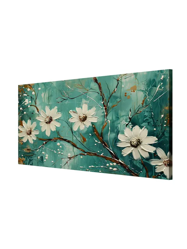 Blooming_Flowers_Canvas_Painting_-_Teal_and_White_Art_Print_-_Botanical_Wall_Decor_24x48_Inches_Framed_Art_(FLP24480733)