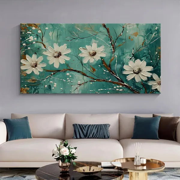 Blooming_Flowers_Canvas_Painting_-_Teal_and_White_Art_Print_-_Botanical_Wall_Decor_24x48_Inches_Framed_Art_(FLP24480733)