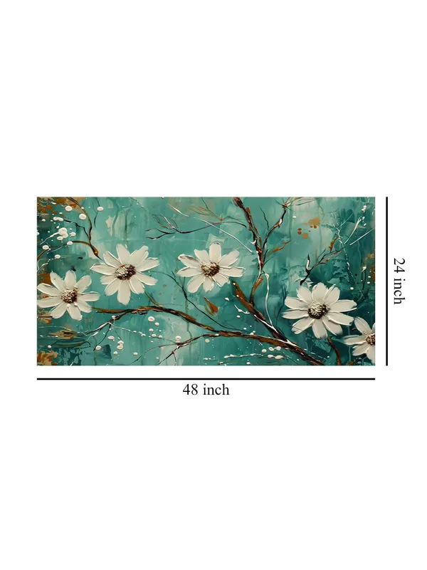 Blooming_Flowers_Canvas_Painting_-_Teal_and_White_Art_Print_-_Botanical_Wall_Decor_24x48_Inches_Framed_Art_(FLP24480733)