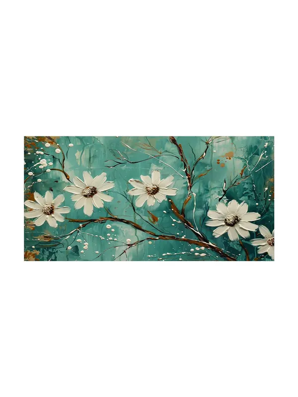 Blooming_Flowers_Canvas_Painting_-_Teal_and_White_Art_Print_-_Botanical_Wall_Decor_24x48_Inches_Framed_Art_(FLP24480733)