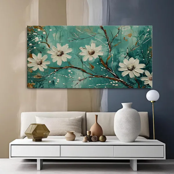 Blooming_Flowers_Canvas_Painting_-_Teal_and_White_Art_Print_-_Botanical_Wall_Decor_24x48_Inches_Framed_Art_(FLP24480733)