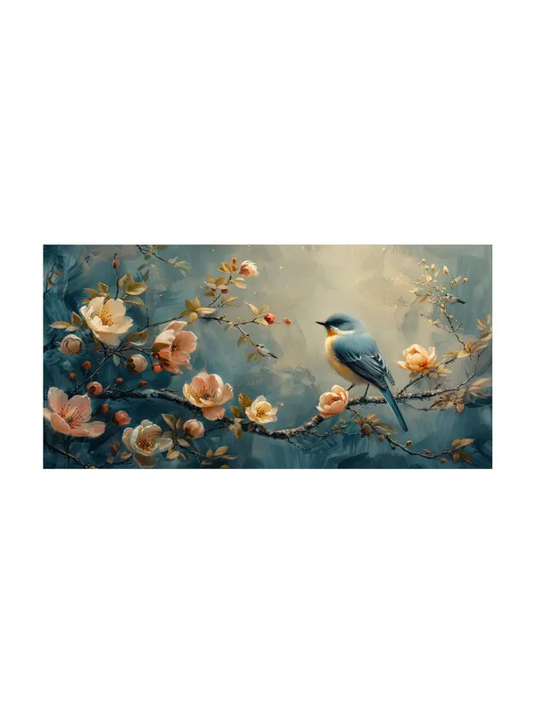 Bird_on_Blossom_Canvas_Painting_-_Nature_Art_Print_with_Flowers_-_Peaceful_Wall_Decor_24x48_Inches_Framed_Art_(FLP24480725)