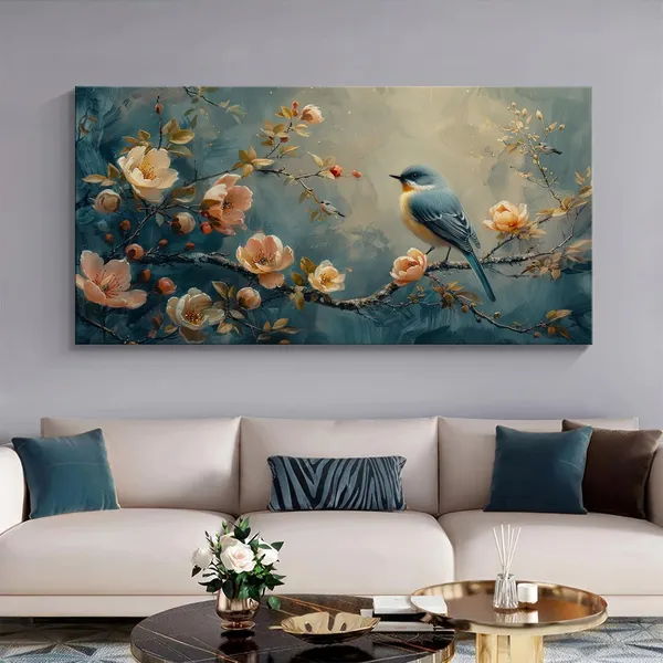 Bird_on_Blossom_Canvas_Painting_-_Nature_Art_Print_with_Flowers_-_Peaceful_Wall_Decor_24x48_Inches_Framed_Art_(FLP24480725)