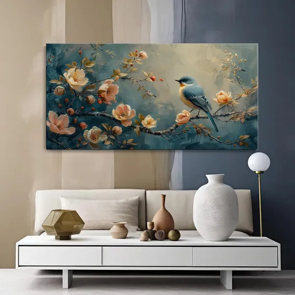 Bird_on_Blossom_Canvas_Painting_-_Nature_Art_Print_with_Flowers_-_Peaceful_Wall_Decor_24x48_Inches_Framed_Art_(FLP24480725)