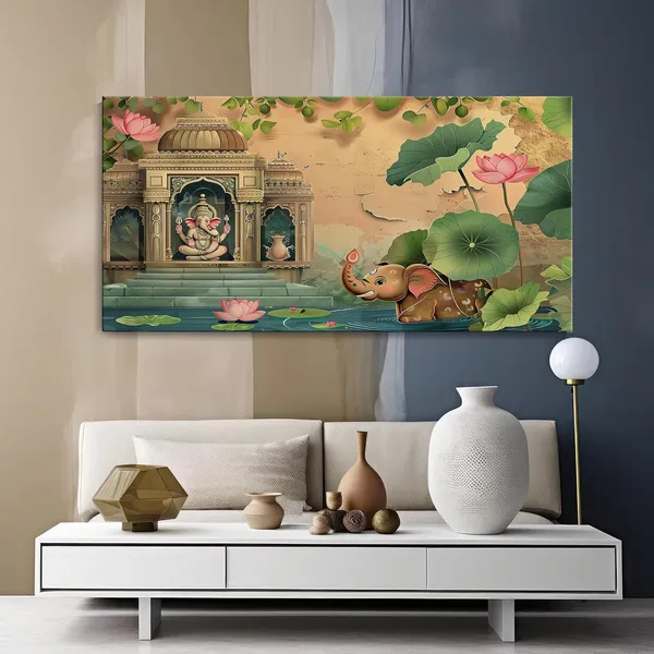 Ganesha_Temple_Canvas_Painting_-_Spiritual_Art_Print_-_Indian_Wall_Decor_24x48_Inches_Framed_Art_(FLP24480743)