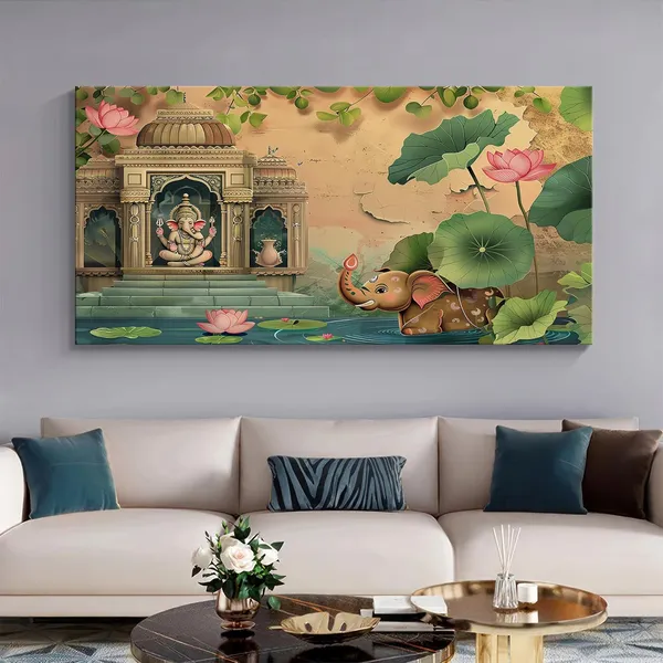 Ganesha_Temple_Canvas_Painting_-_Spiritual_Art_Print_-_Indian_Wall_Decor_24x48_Inches_Framed_Art_(FLP24480743)