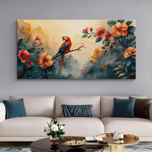 Exotic_Parrot_and_Flowers_Canvas_Painting_-_24x48_Inches_Framed_Art_Decor,_Lush_Tropical_Vibes_for_Modern_Home_Spaces_(FLP24480692)