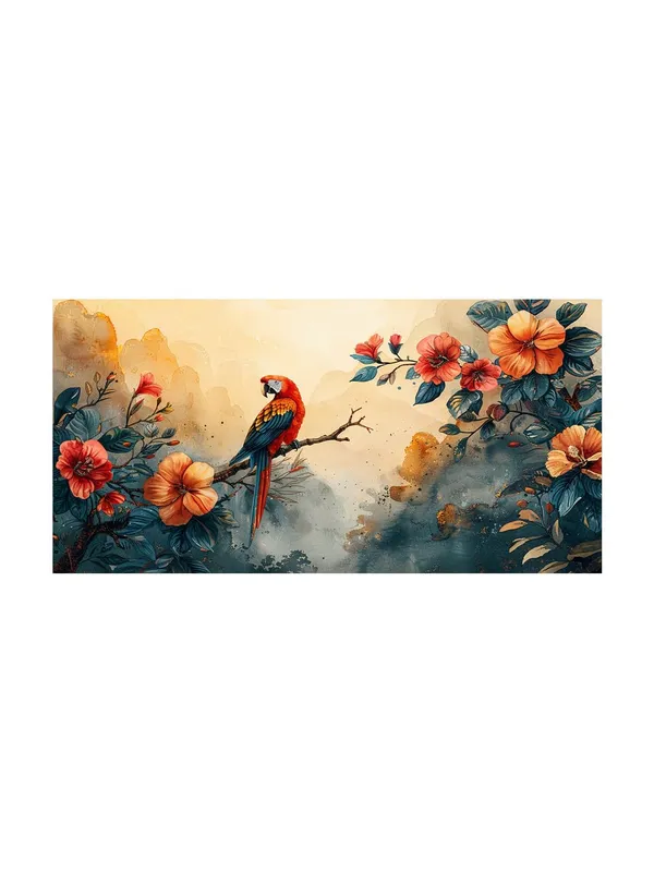 Exotic_Parrot_and_Flowers_Canvas_Painting_-_24x48_Inches_Framed_Art_Decor,_Lush_Tropical_Vibes_for_Modern_Home_Spaces_(FLP24480692)