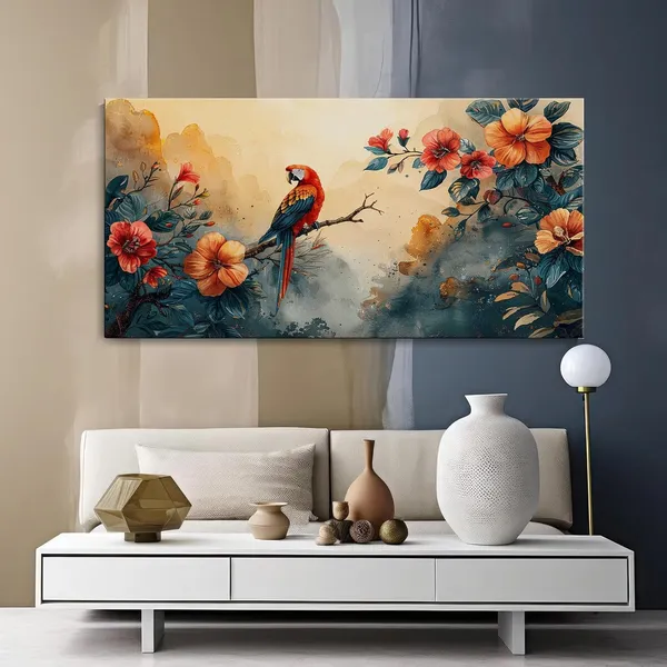 Exotic_Parrot_and_Flowers_Canvas_Painting_-_24x48_Inches_Framed_Art_Decor,_Lush_Tropical_Vibes_for_Modern_Home_Spaces_(FLP24480692)
