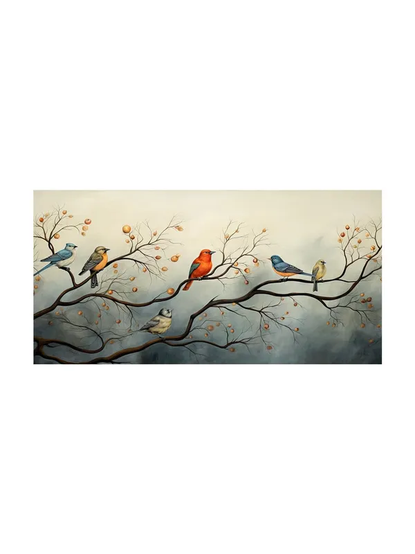 Colorful_Birds_on_Branch_Canvas_Painting_-_24x48_Inches_Framed_Art_Print,_Ideal_for_Nature-Inspired_Wall_Decor_(FLP24480701)