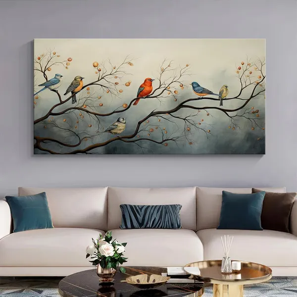 Colorful_Birds_on_Branch_Canvas_Painting_-_24x48_Inches_Framed_Art_Print,_Ideal_for_Nature-Inspired_Wall_Decor_(FLP24480701)
