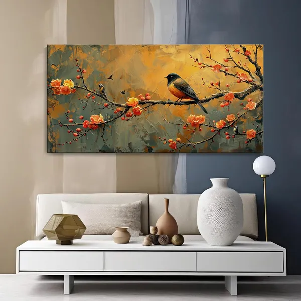 Bird_on_Blossom_Canvas_Painting_-_Autumn_Colors_Art_Print_-_Nature_Wall_Decor_24x48_Inches_Framed_Art_(FLP24480735)