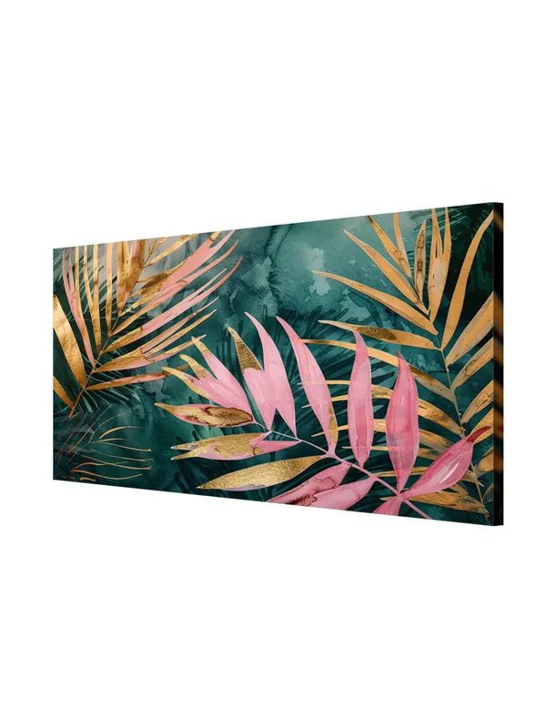 Tropical_Leaves_Canvas_Painting_-_Green_and_Pink_Art_Print_-_Botanical_Wall_Decor_24x48_Inches_Framed_Art_(FLP24480729)