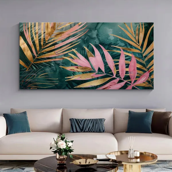 Tropical_Leaves_Canvas_Painting_-_Green_and_Pink_Art_Print_-_Botanical_Wall_Decor_24x48_Inches_Framed_Art_(FLP24480729)
