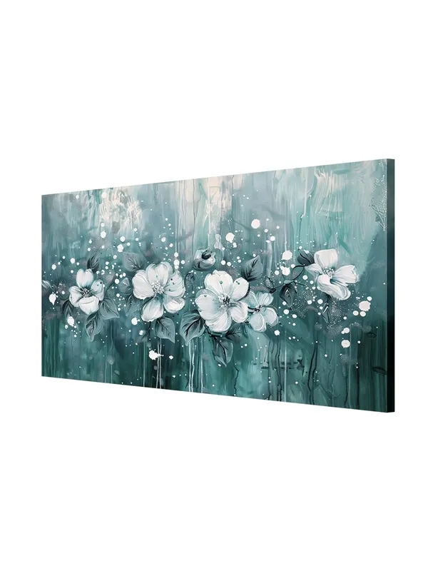 White_Blossoms_in_Teal_Canvas_Painting_-_24x48_Inches_Framed_Art,_Modern_Floral_Decor_for_Any_Room_(FLP24480706)