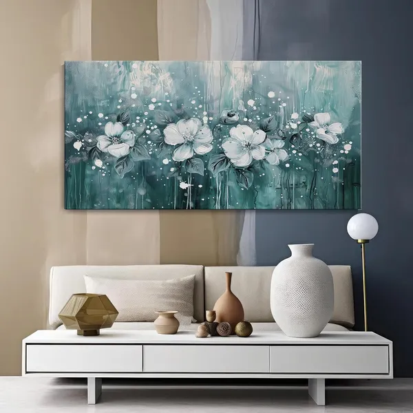 White_Blossoms_in_Teal_Canvas_Painting_-_24x48_Inches_Framed_Art,_Modern_Floral_Decor_for_Any_Room_(FLP24480706)