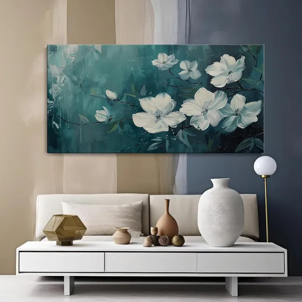 Elegant_White_Blossoms_on_Green_Canvas_Painting_-_24x48_Inches_Framed_Art,_Perfect_for_Tranquil_Home_Decor_(FLP24480700)