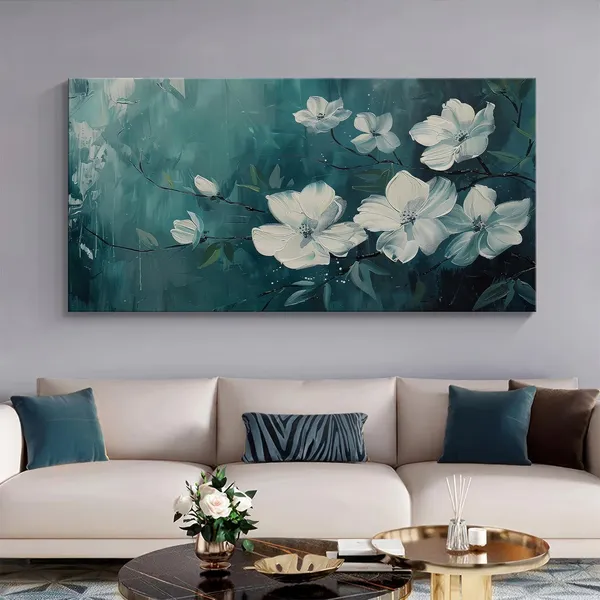 Elegant_White_Blossoms_on_Green_Canvas_Painting_-_24x48_Inches_Framed_Art,_Perfect_for_Tranquil_Home_Decor_(FLP24480700)
