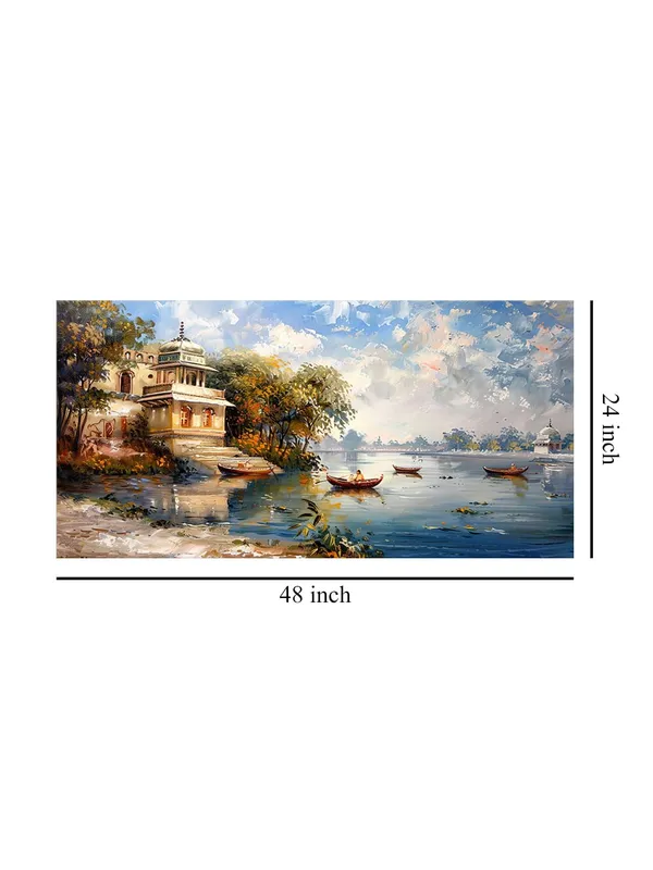 Serene_Lakeside_Canvas_Painting_-_Nature_Art_Print_with_Boats_-_Tranquil_Wall_Decor_24x48_Inches_Framed_Art_(FLP24480724)
