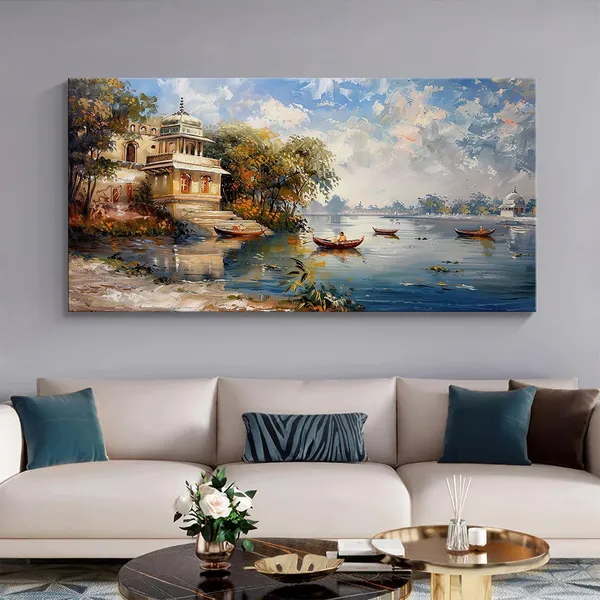 Serene_Lakeside_Canvas_Painting_-_Nature_Art_Print_with_Boats_-_Tranquil_Wall_Decor_24x48_Inches_Framed_Art_(FLP24480724)