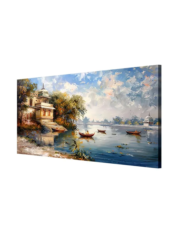 Serene_Lakeside_Canvas_Painting_-_Nature_Art_Print_with_Boats_-_Tranquil_Wall_Decor_24x48_Inches_Framed_Art_(FLP24480724)