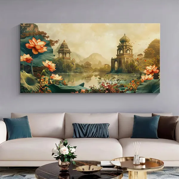 Serene_Lotus_Temple_Scene_Canvas_Painting_-_24x48_Inches_Framed_Art,_Perfect_for_Tranquil_Decor_(FLP24480716)