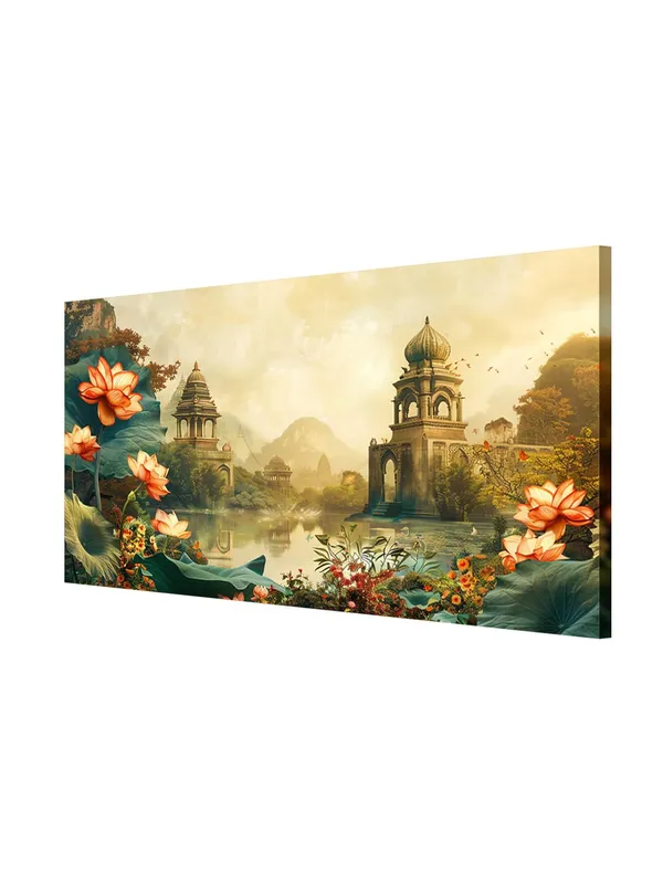 Serene_Lotus_Temple_Scene_Canvas_Painting_-_24x48_Inches_Framed_Art,_Perfect_for_Tranquil_Decor_(FLP24480716)