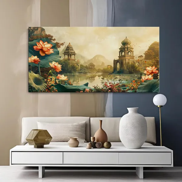 Serene_Lotus_Temple_Scene_Canvas_Painting_-_24x48_Inches_Framed_Art,_Perfect_for_Tranquil_Decor_(FLP24480716)