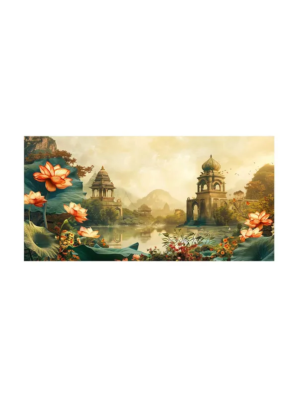 Serene_Lotus_Temple_Scene_Canvas_Painting_-_24x48_Inches_Framed_Art,_Perfect_for_Tranquil_Decor_(FLP24480716)