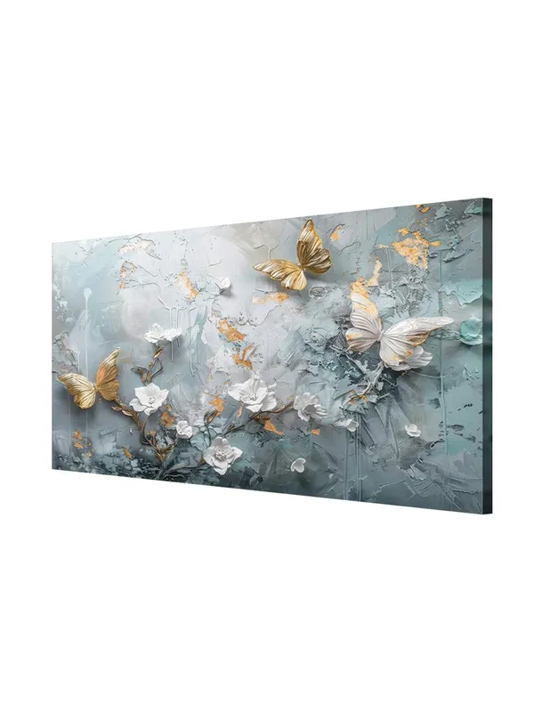 Butterfly_and_Flowers_Canvas_Painting_-_Gold_and_White_Art_Print_-_Nature_Wall_Art_24x48_Inches_Framed_Art_(FLP24480732)