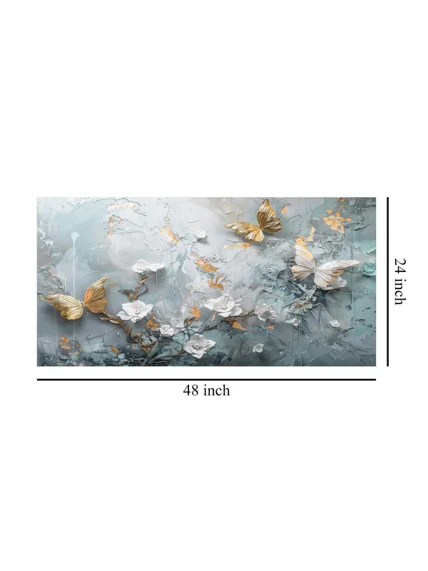 Butterfly_and_Flowers_Canvas_Painting_-_Gold_and_White_Art_Print_-_Nature_Wall_Art_24x48_Inches_Framed_Art_(FLP24480732)