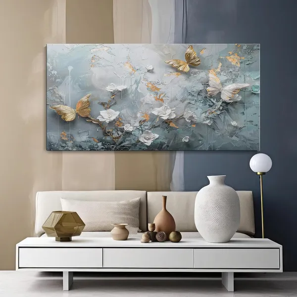 Butterfly_and_Flowers_Canvas_Painting_-_Gold_and_White_Art_Print_-_Nature_Wall_Art_24x48_Inches_Framed_Art_(FLP24480732)