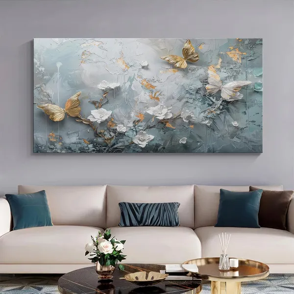 Butterfly_and_Flowers_Canvas_Painting_-_Gold_and_White_Art_Print_-_Nature_Wall_Art_24x48_Inches_Framed_Art_(FLP24480732)