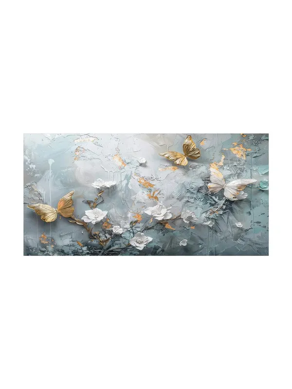 Butterfly_and_Flowers_Canvas_Painting_-_Gold_and_White_Art_Print_-_Nature_Wall_Art_24x48_Inches_Framed_Art_(FLP24480732)