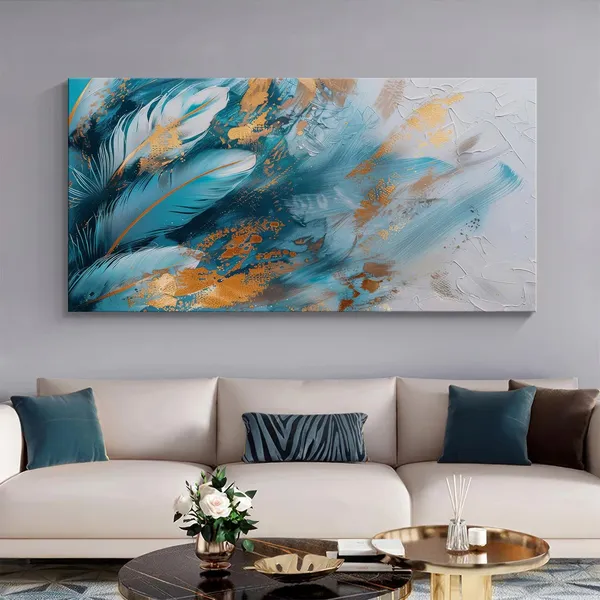 Feathered_Abstract_Canvas_Painting_-_Teal_and_Gold_Art_Print_-_Elegant_Wall_Decor_24x48_Inches_Framed_Art_(FLP24480742)