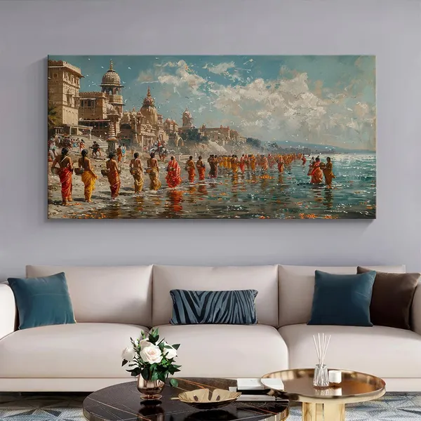Traditional_Indian_River_Scene_Canvas_Painting_-_24x48_Inches_Framed_Art,_Perfect_for_Cultural_Home_Decor_(FLP24480704)