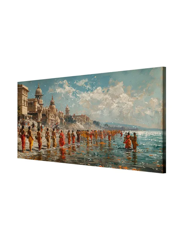 Traditional_Indian_River_Scene_Canvas_Painting_-_24x48_Inches_Framed_Art,_Perfect_for_Cultural_Home_Decor_(FLP24480704)